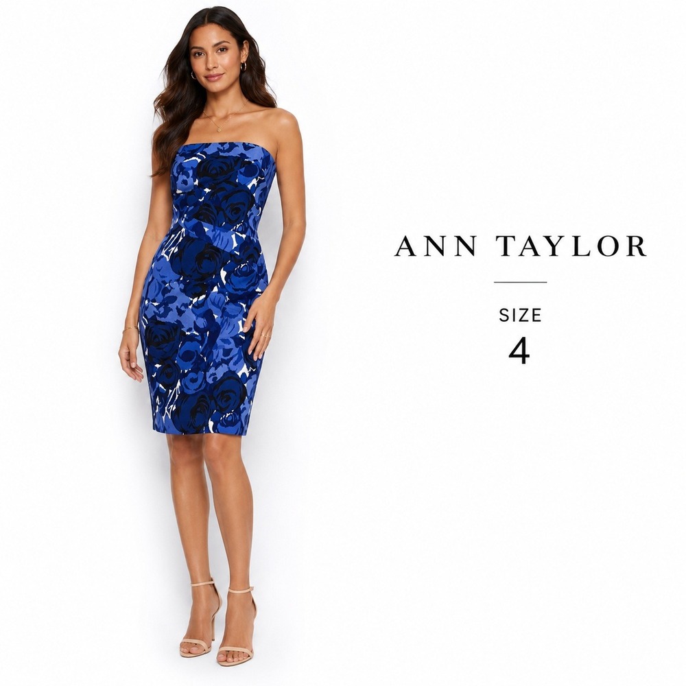 Ann Taylor Floral Strapless Dress Womens 4 Blue Rose Sheath Pockets Cocktail